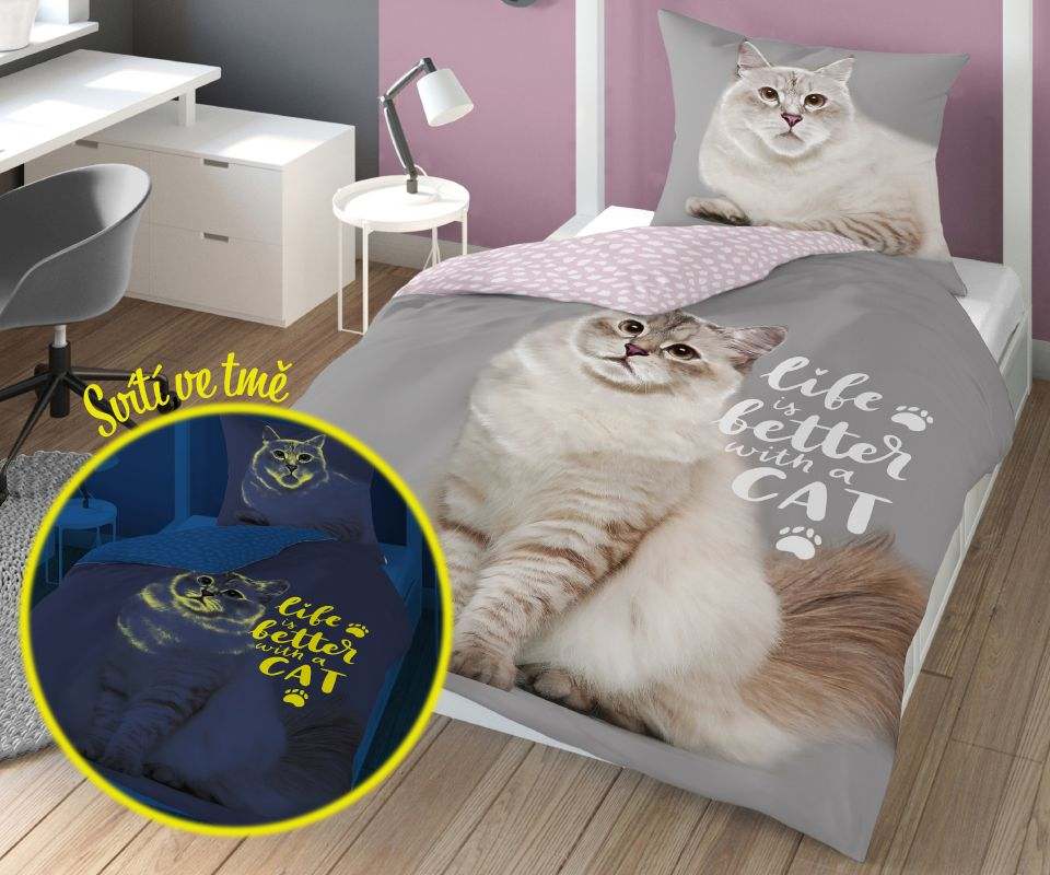 Povlečení Kočka life svítící 140/200