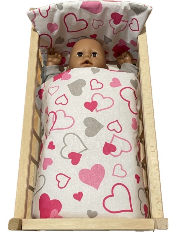 Peřinky do postýlky pro panenky Srdíčka šedorůžová